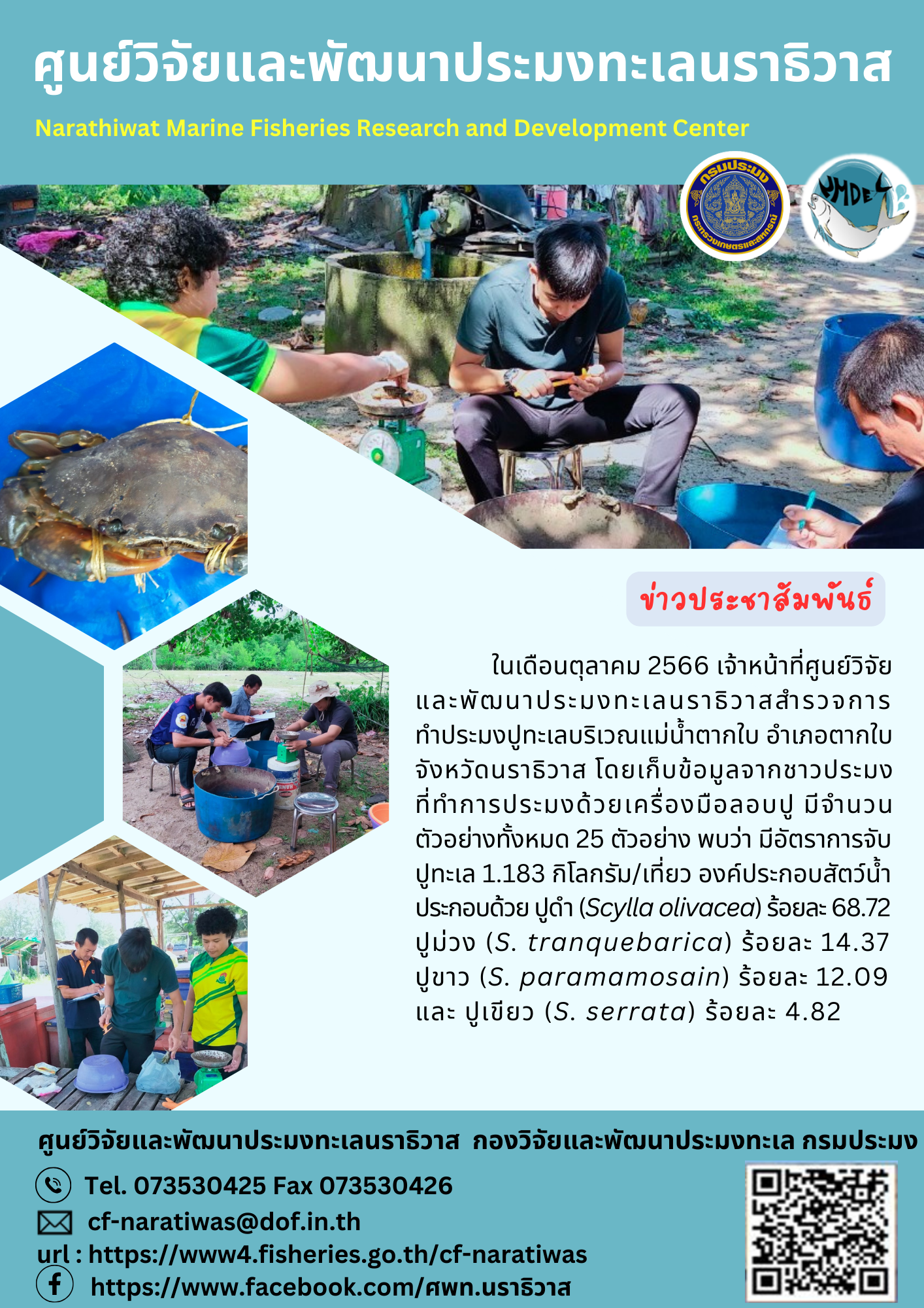การสำรวจสภาวะทรัพยากรประมงปูทะเล ประจำเดือนตุลาคม 2566 ในพื้นที่ อำเภอตากใบ จ.นราธิวาส..คลิก