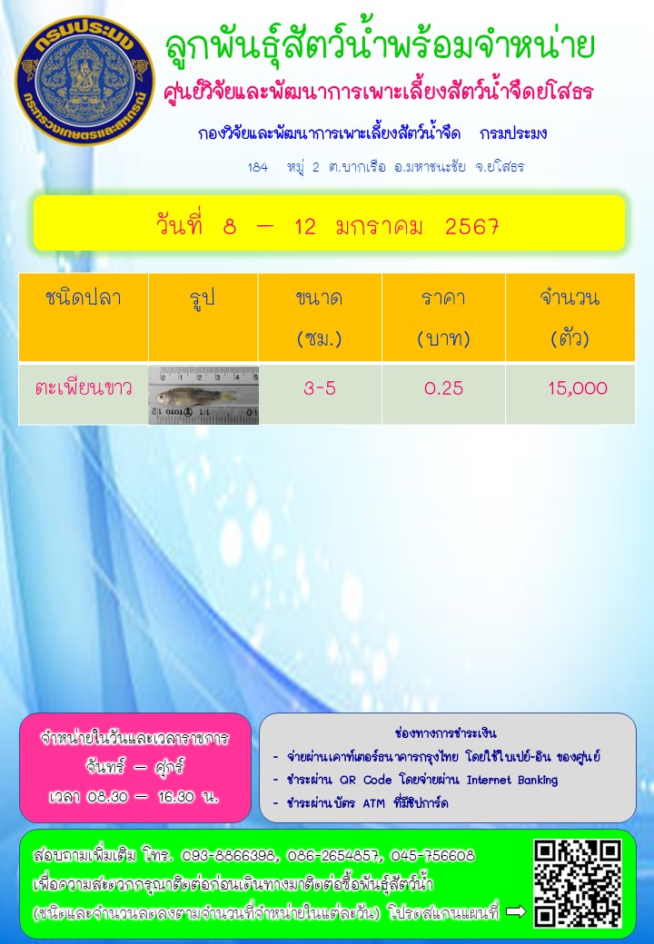 ลูกพันธุ์สัตว์น้ำพร้อมจำหน่าย 8 - 12 ม.ค. 2567..คลิก