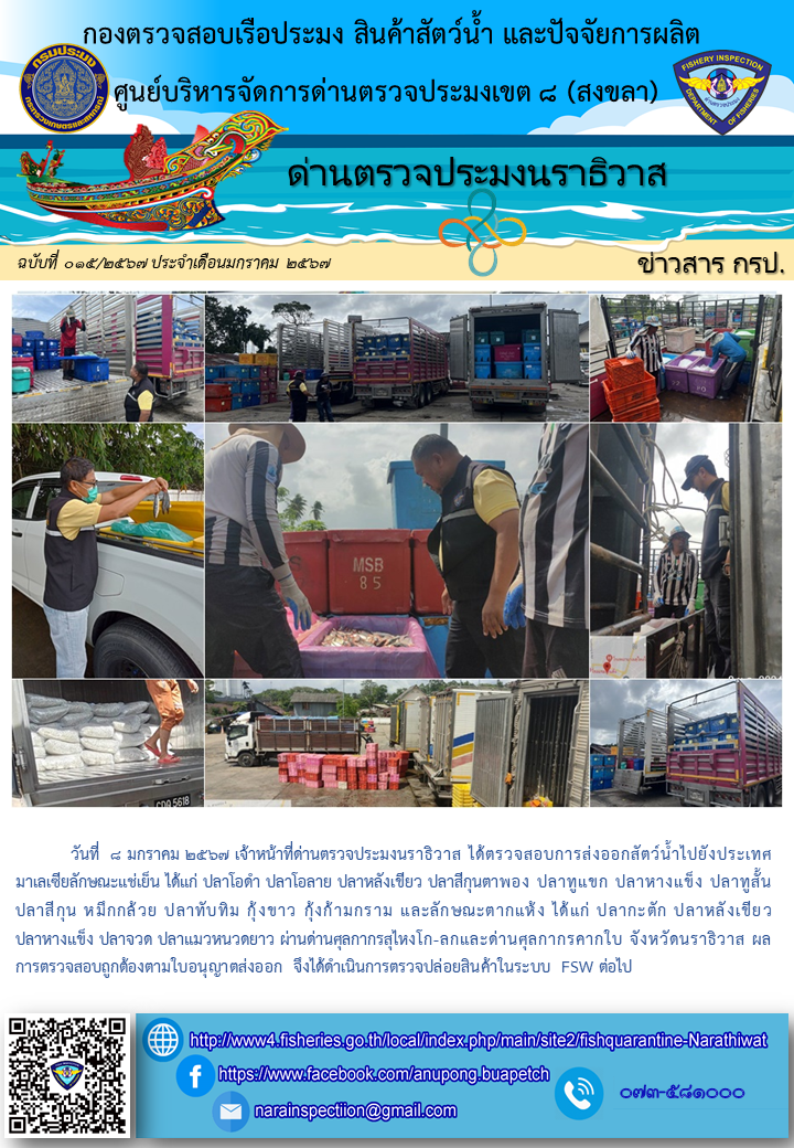 ประชาสัมพันธ์ด่านตรวจประมงนราธิวาส ประจำวันที่ 8 มกราคม 2567..คลิก