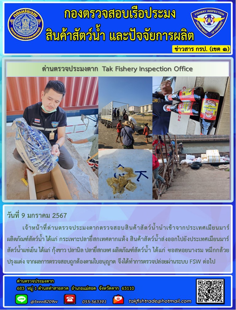 วันที่ 9 มกราคม 2567           เจ้าหน้าที่ด่านตรวจประมงตากตรวจสอบสินค้าสัตว์น้ำนำเข้าจากประเทศเมียนมาร์ ผลิตภัณฑ์สัตว์น้ำ ได้แก่ กระเพาะปลายี่สกเทศตากแห้ง สินค้าสัตว์น้ำส่งออกไปยังประเทศเมียนมาร์ สัตว์น้ำแช่เย็น ได้แก่ กุ้งขาว ปลานิล ปลายี่สกเทศ ผลิตภัณฑ์สัตว์น้ำ ได้แก่ ซอสหอยนางรม หมึกกล้วยปรุงแต่ง จากผลการตรวจสอบถูกต้องตามใบอนุญาต จึงได้ทำการตรวจปล่อยผ่านระบบ FSW ต่อไป..คลิก