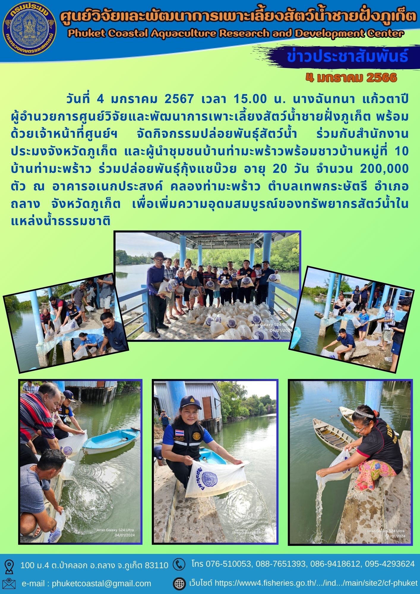 วันที่ 4 มกราคม 2567 จัดกิจกรรมปล่อยพันธุ์สัตว์น้ำร่วมกับสำนักงานประมงจังหวัดภูเก็ต และผู้นำชุมชนบ้านท่ามะพร้าว..คลิก