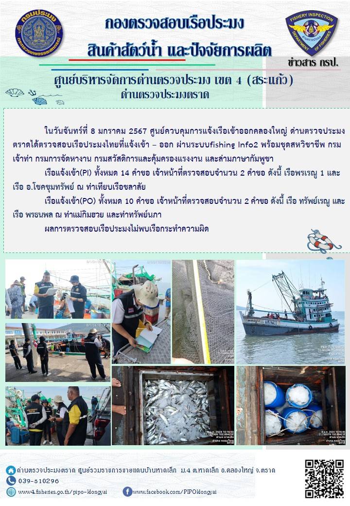 ผลการปฏิบัติงานของศูนย์ควบคุมการแจ้งเรือเข้าออกคลองใหญ่ ด่านตรวจประมงตราด ประจำวันที่ 8 มกราคม 2567..คลิก