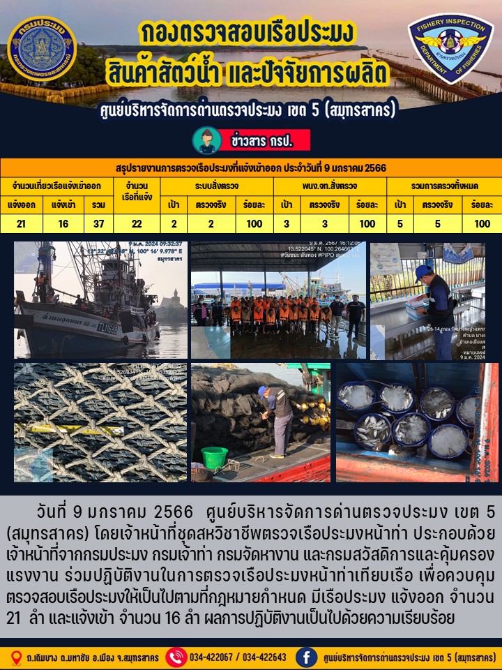 รายงานการตรวจเรือประมงที่แจ้งเข้าออกประจำวันที่ 9 มกราคม 2567..คลิก