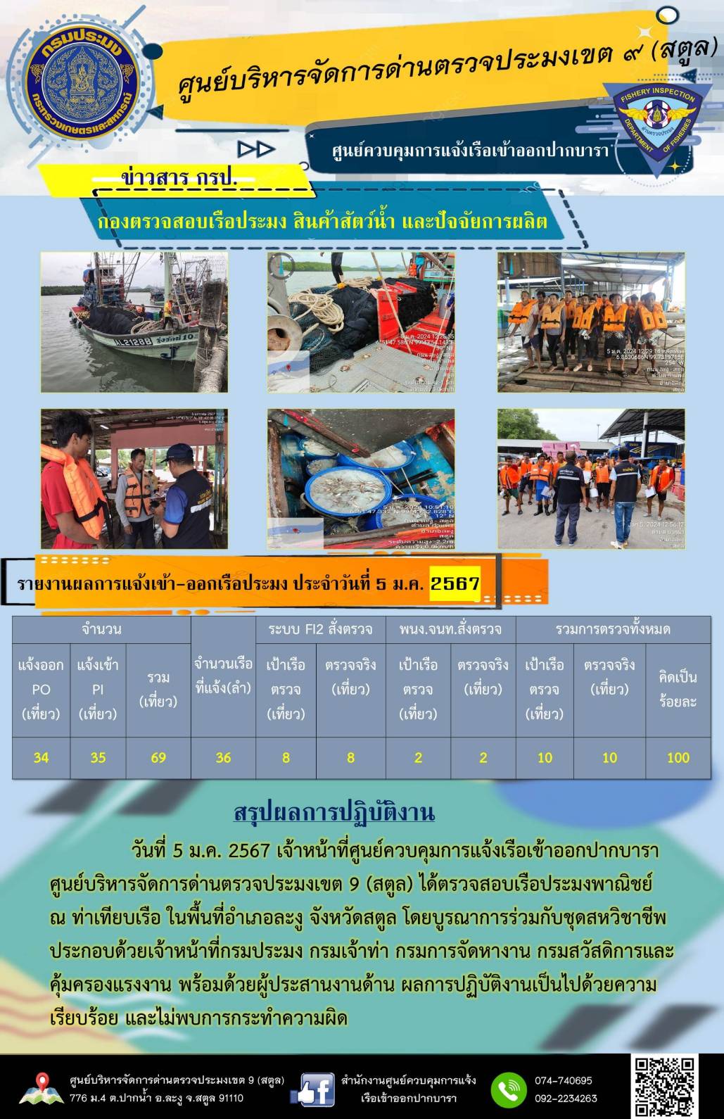 ประชาสัมพันธ์การปฏิบัติงานศูนย์บริหารจัดการด่านตรวจประมงเขต 9 (สตูล)  ในห้วงวันที่  1-10 มกราคม 2567..คลิก