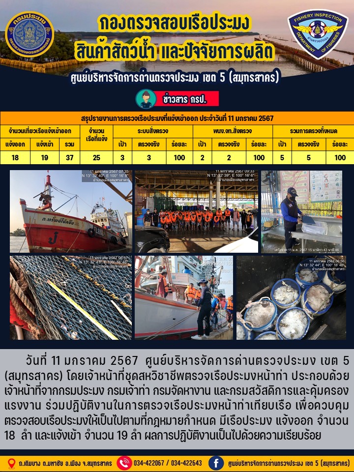 รายงานการตรวจเรือประมงที่แจ้งเข้าออกประจำวันที่ 11 มกราคม 2567..คลิก