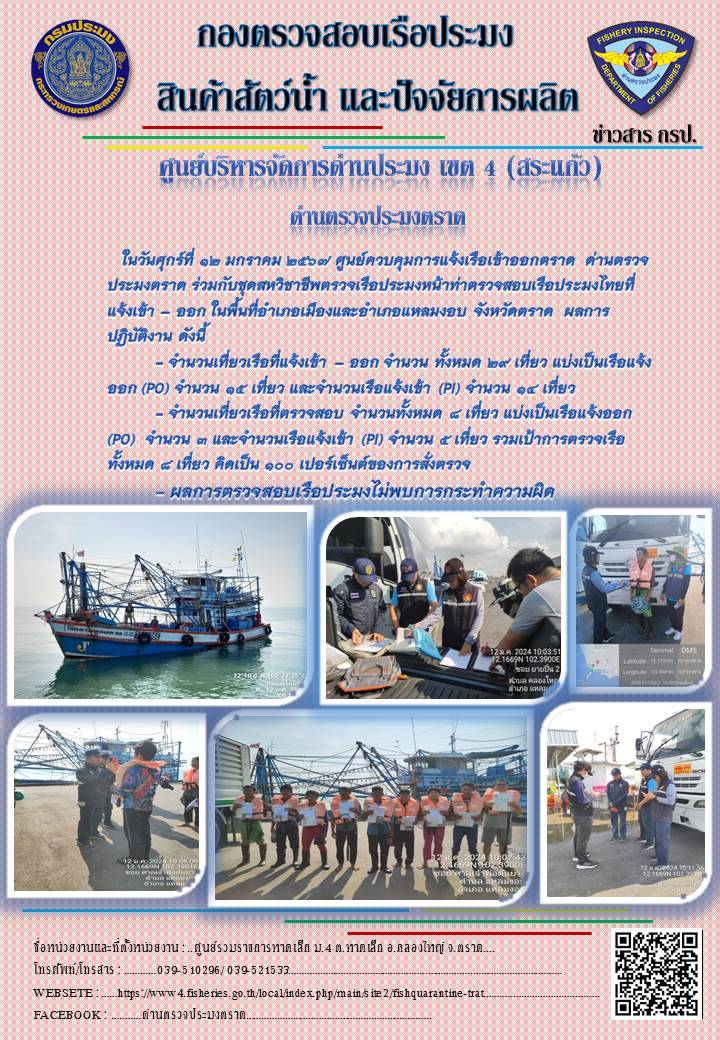 ผลการปฏิบัติงานของศูนย์ควบคุมการแจ้งเรือเข้าออกตราด ด่านตรวจประมงตราด ประจำวันที่ 12 มกราคม 2567..คลิก
