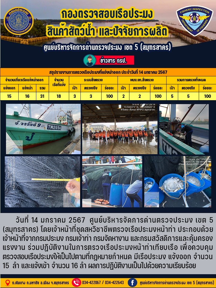 รายงานการตรวจเรือประมงที่แจ้งเข้าออกประจำวันที่ 14 มกราคม 2567..คลิก