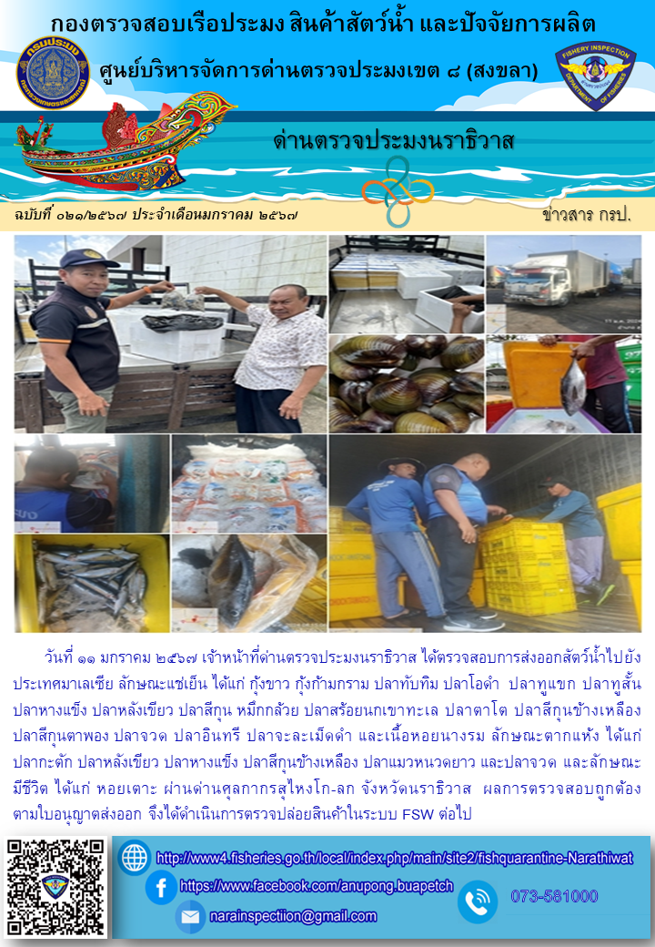 ประชาสัมพันธ์ด่านตรวจประมงนราธิวาส ประจำวันที่ 11 มกราคม 2567..คลิก