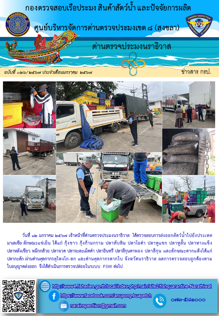 ประชาสัมพันธ์ด่านตรวจประมงนราธิวาส ประจำวันที่ 12 มกราคม 2567..คลิก
