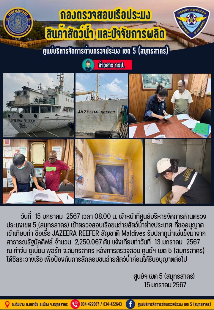 การขนถ่ายทูน่าแช่แข็งจากเรือขนถ่ายสัตว์น้ำสัญชาติมัลดีฟส์ เรือ JAZEERA  REEFER บรรทุกทูน่าแช่แข็งจากประเทศมัลดีฟส์ วันที่ 15 มกราคม 2567..คลิก