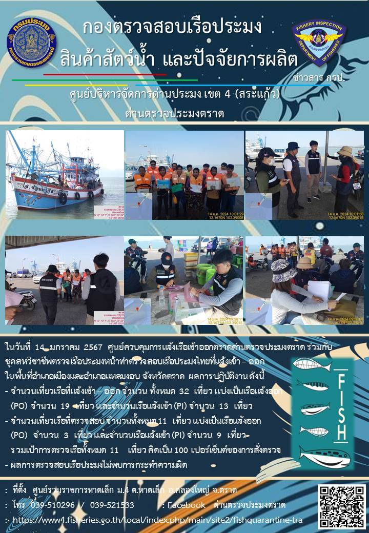 ผลการปฏิบัติงานของศูนย์ควบคุมการแจ้งเรือเข้าออกตราด ด่านตรวจประมงตราด ประจำวันที่ 14 มกราคม 2567..คลิก