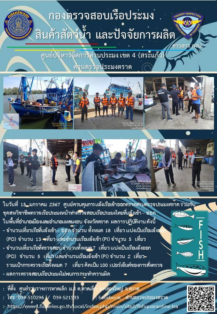 ผลการปฏิบัติงานของศูนย์ควบคุมการแจ้งเรือเข้าออกตราด ด่านตรวจประมงตราด ประจำวันที่ 15 มกราคม 2567..คลิก
