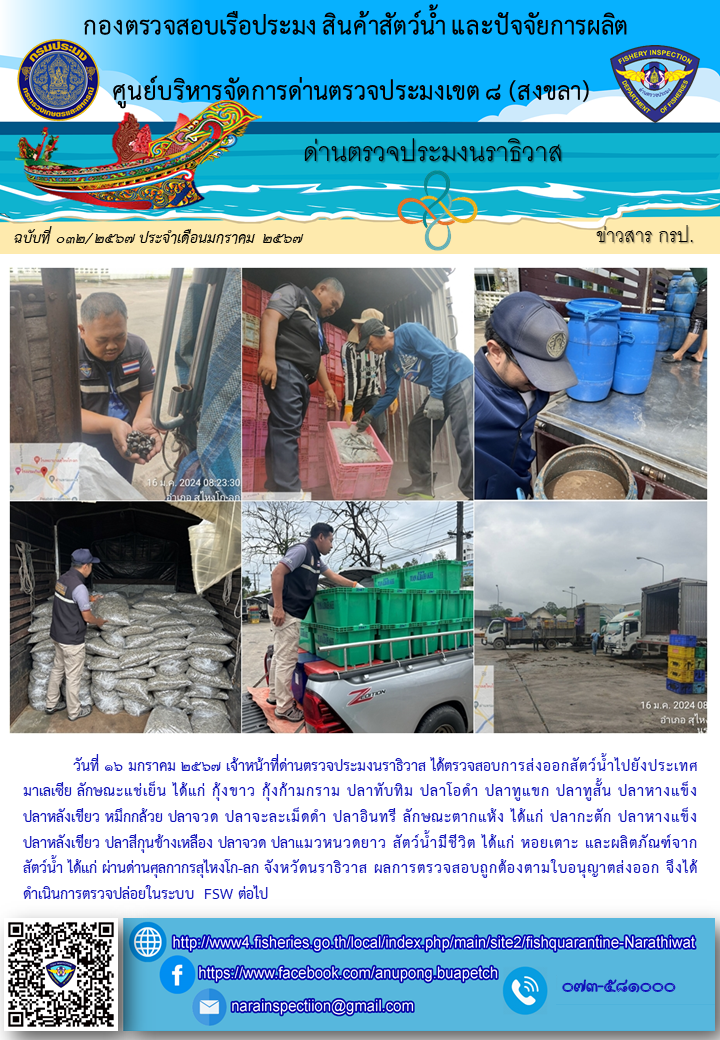 ประชาสัมพันธ์ด่านตรวจประมงนราธิวาส ประจำวันที่ 16 มกราคม 2567..คลิก