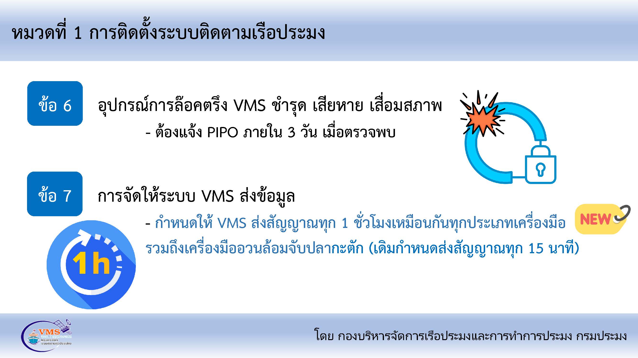 สรุปสาระสำคัญประกาศ มาตรา 81(1) ประกาศกรมประมง เรื่อง กำหนดหลักเกณฑ์และวิธีการติดตั้งระบบติดตามเรือประมง  และดูแลรักษาระบบติดตามเรือประมงของเรือประมงพาณิชย์ให้สามารถใช้งานได้ตลอดเวลา พ.ศ. 2566 มีผลบังคับใช้วันที่ 24 มกราคม 2567..คลิก