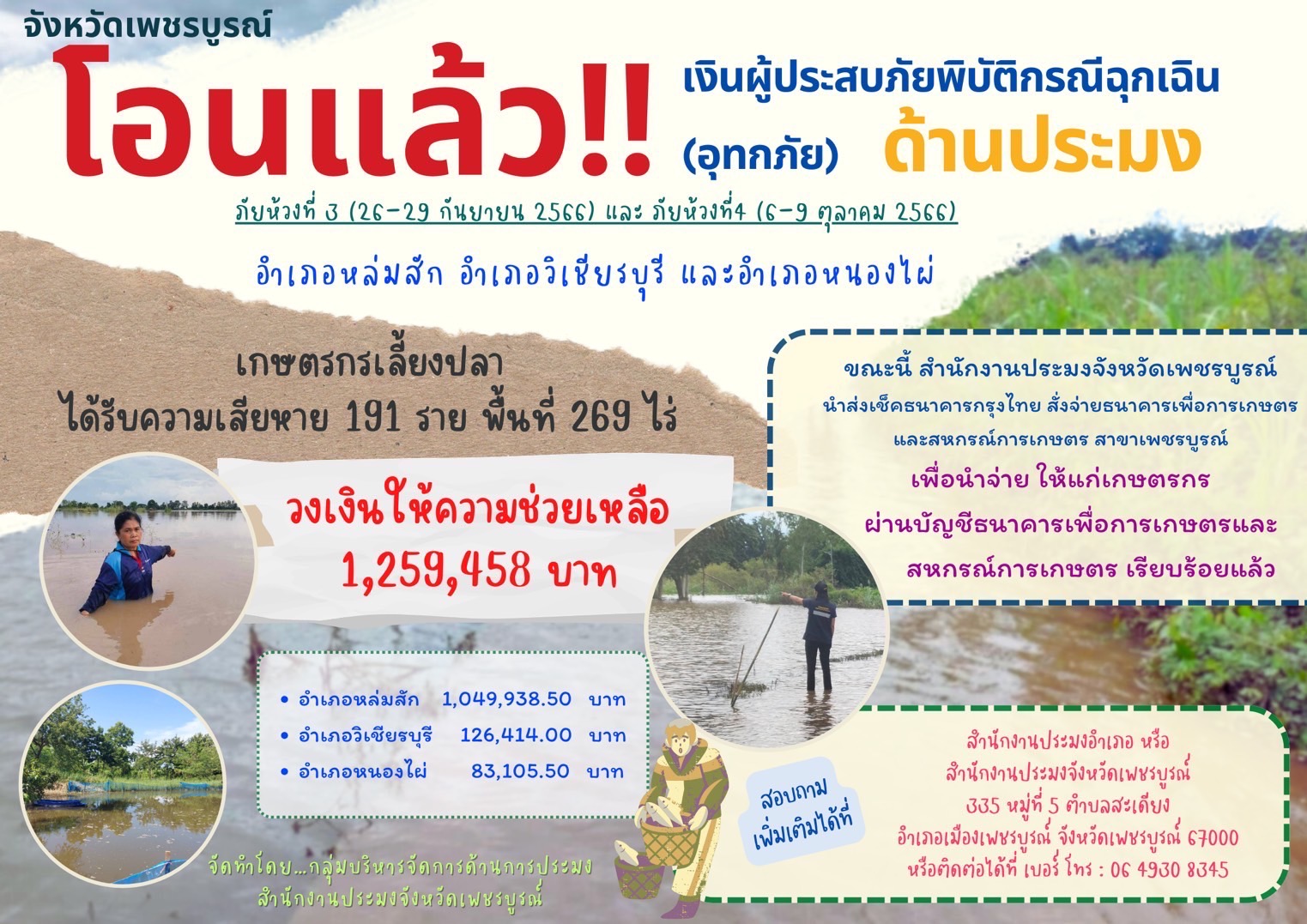 แจ้งโอนเงินช่วยเหลือผู้ประสบภัยพิบัติกรณีฉุกเฉิน (อุทกภัย) ด้านประมง
