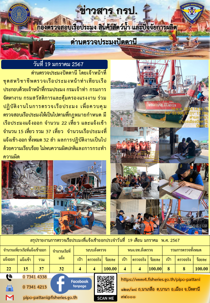 ข่าวสารการปฏิบัติงาน ด่านตรวจประมงปัตตานี วันที่ 19 มกราคม 2567..คลิก