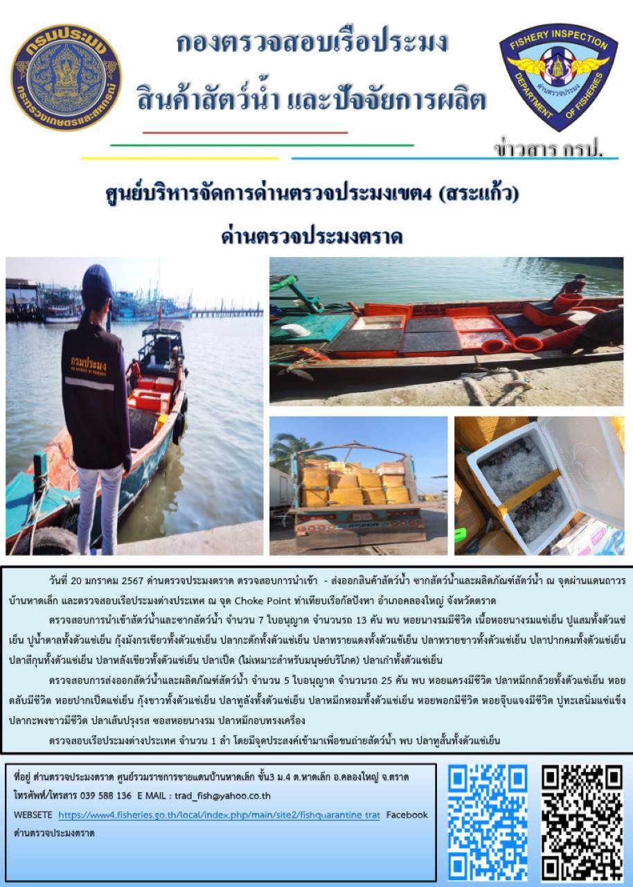 ผลการปฏิบัติงานส่วนงานควบคุมการนำเข้า - ส่งออกสัตว์น้ำ ซากสัตว์น้ำและผลิตภัณฑ์สัตว์น้ำ ด่านตรวจประมงตราด ประจำวันที่ 20 มกราคม 2567..คลิก