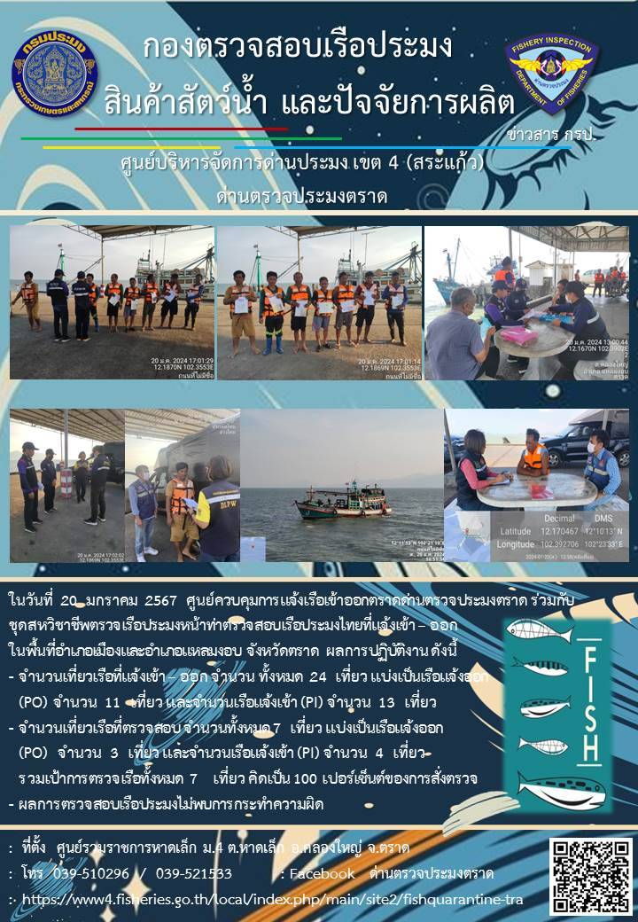ผลการปฏิบัติงานศูนย์ควบคุมการแจ้งเรือเข้าออกตราด ด่านตรวจประมงตราด ประจำวันที่ 20 มกราคม 2567..คลิก