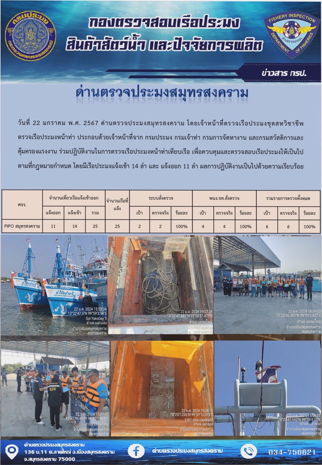 สถิติการแจ้งเข้า - ออกเรือประมงพาณิชย์ ด่านตรวจประมงสมุทรสงคราม ประจำวันที่ 22 มกราคม 2567..คลิก