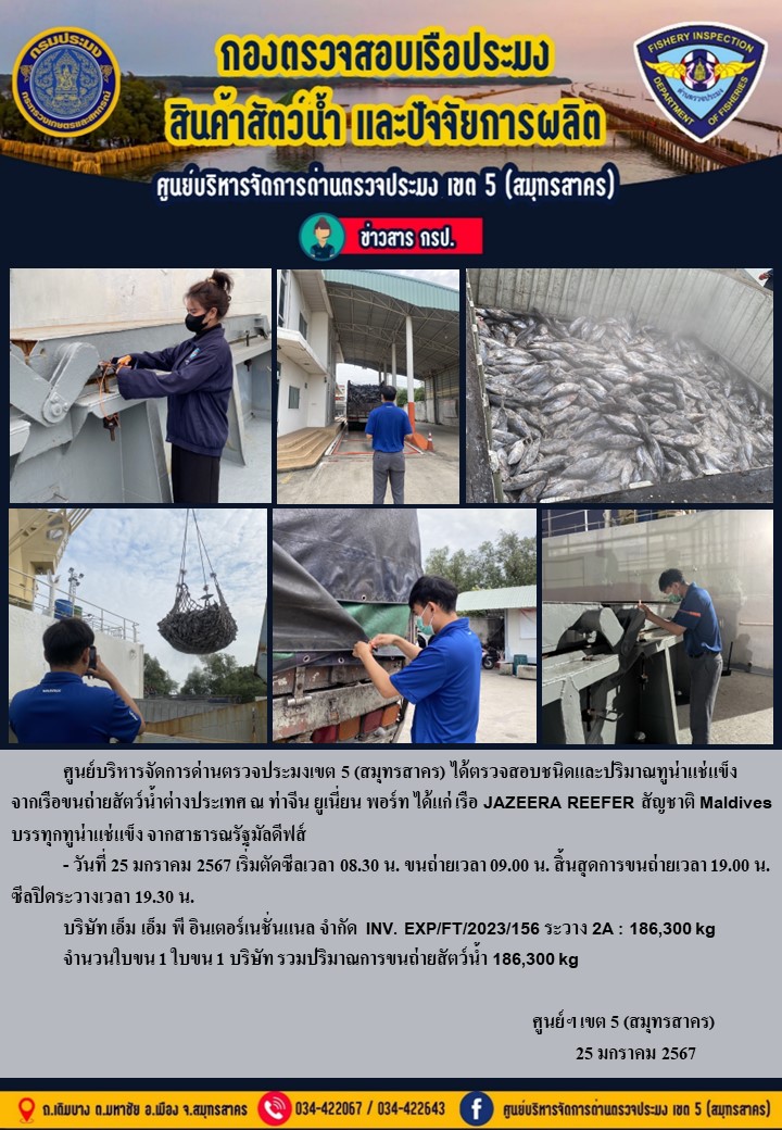การขนถ่ายทูน่าแช่แข็งจากเรือขนถ่ายสัตว์น้ำสัญชาติมัลดีฟส์ เรือ JAZEERA REEFER บรรทุกทูน่าแช่แข็งจากประเทศมัลดีฟส์ วันที่ 25 มกราคม 2567..คลิก