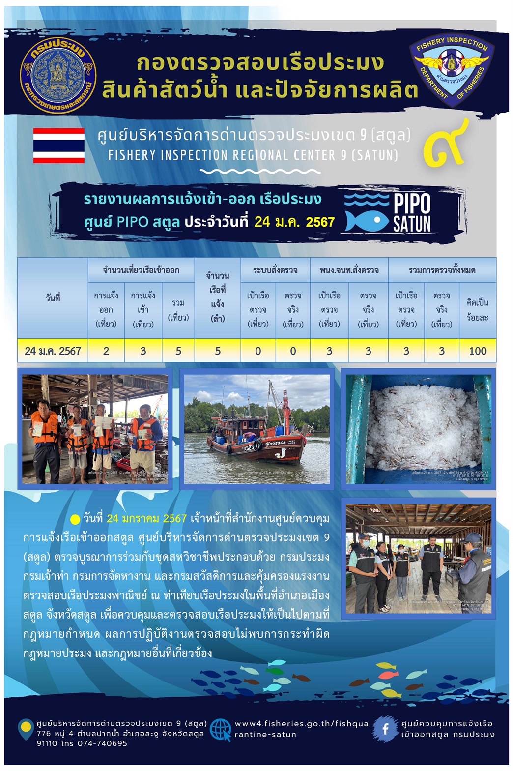 ประชาสัมพันธ์การปฏิบัติงานศูนย์บริหารจัดการด่านตรวจประมงเขต 9 (สตูล) ประจำวันที่ 24-26 มกราคม 2567..คลิก