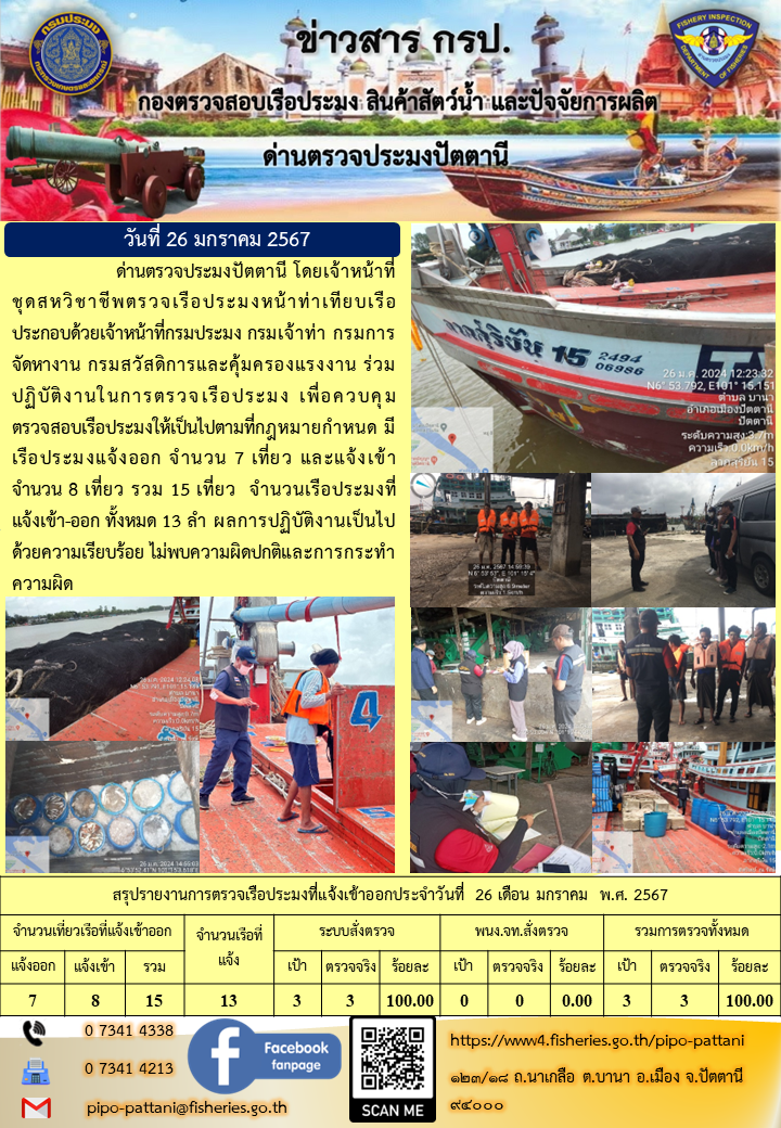 ข่าวสารการปฏิบัติงาน ด่านตรวจประมงปัตตานี วันที่ 26 มกราคม 2567..คลิก