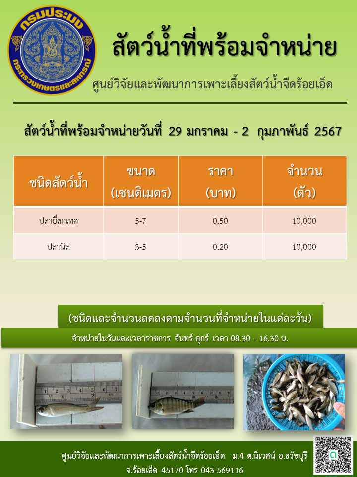 สัตว์น้ำที่พร้อมจำหน่ายวันที่ 29 มกราคม - 2  กุมภาพันธ์ 2567..คลิก