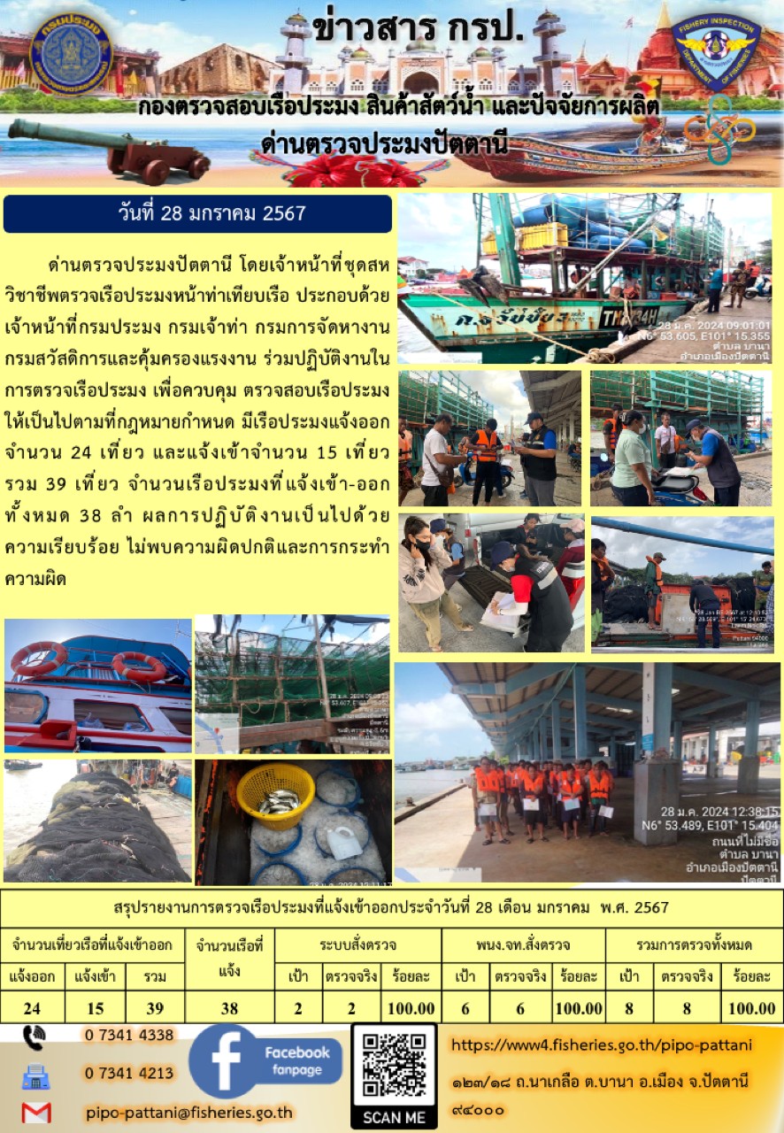 ข่าวสารการปฏิบัติงาน ด่านตรวจประมงปัตตานี วันที่ 28 มกราคม 2567..คลิก