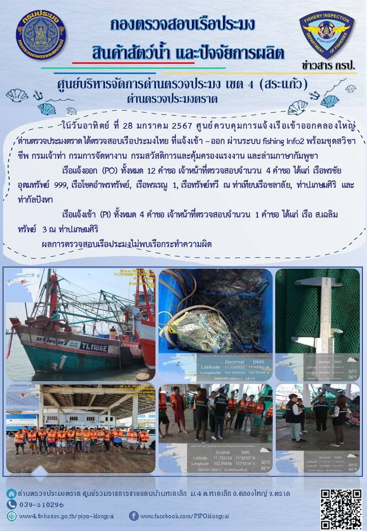 ผลการปฏิบัติงานของศูนย์ควบคุมการแจ้งเรือเข้าออกคลองใหญ่ ด่านตรวจประมงตราด ประจำวันที่ 28 มกราคม 2567..คลิก