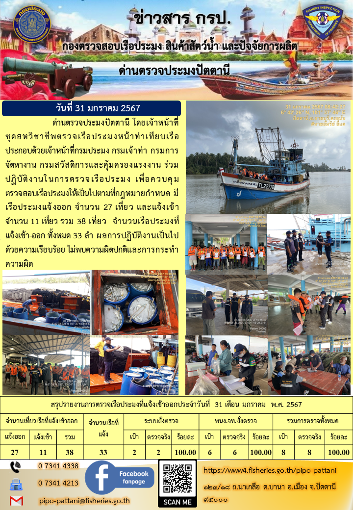 ข่าวสารการปฏิบัติงาน ด่านตรวจประมงปัตตานี วันที่ 31 มกราคม 2567..คลิก