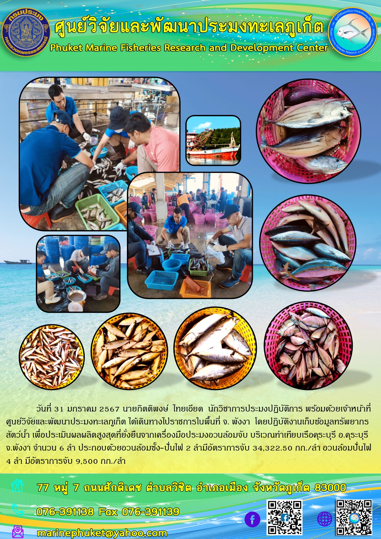 วันที่ 31 มกราคม 2567 นายกิตติพงษ์ ไทยเอียด นักวิชาการประมงปฏิบัติการ พร้อมด้วยเจ้าหน้าที่ศูนย์วิจัยและพัฒนาประมงทะเลภูเก็ต ได้เดินทางไปราชการในพื้นที่ จ.พังงา โดยปฏิบัติงานเก็บข้อมูลทรัพยากรสัตว์น้ำ เพื่อประเมินผลผลิตสูงสุดที่ยั่งยืนจากเครื่องประมงอวนล้อมจับ บริเวณท่าเทียบเรือคุระบุรี อ.คุระบุรี จ.พังงา จำนวน 6 ลำ ประกอบด้วยอวนล้อมซั้ง-ปั่นไฟ ฯลฯ..คลิก