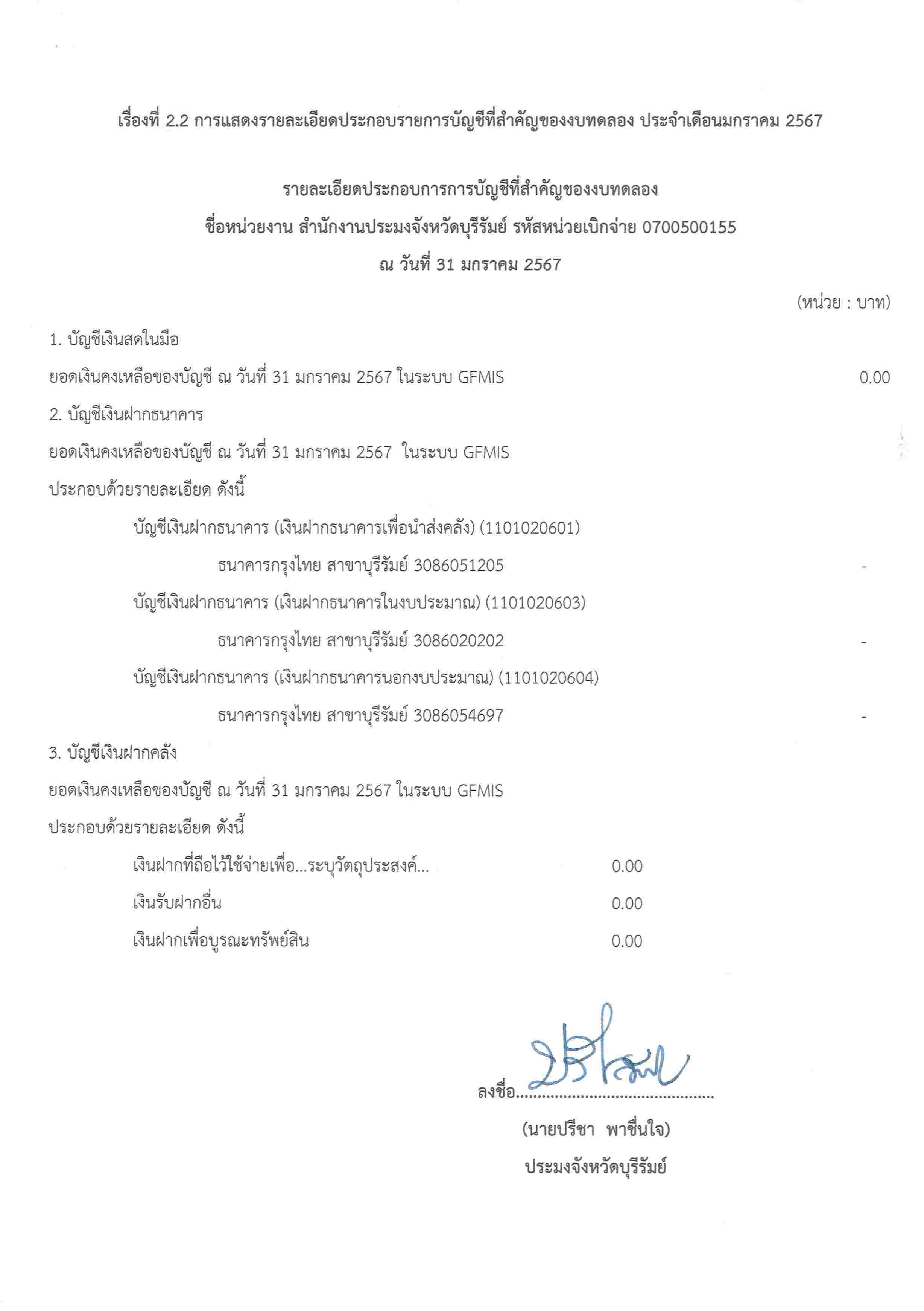รายละเอียดประกอบการการบัญชีที่สำคัญของงบทดลอง ประจำเดือนมกราคม 2567