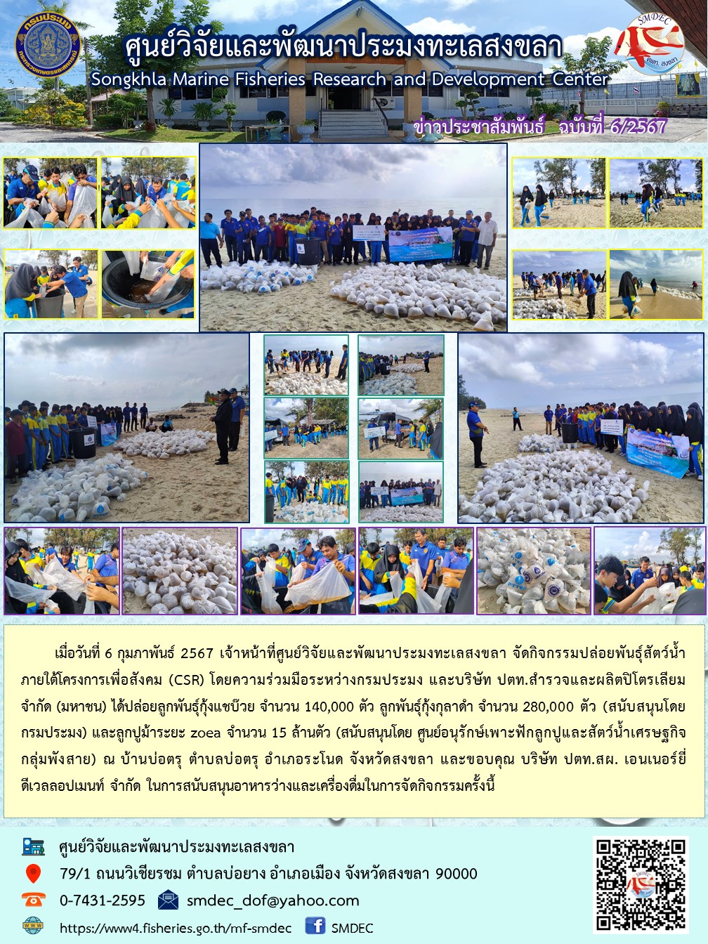 เมื่อวันที่ 6 กุมภาพันธ์ 2567 เจ้าหน้าที่ศูนย์วิจัยและพัฒนาประมงทะเลสงขลา จัดกิจกรรมปล่อยพันธุ์สัตว์น้ำ ภายใต้โครงการเพื่อสังคม (CSR) โดยความร่วมมือระหว่างกรมประมง และบริษัท ปตท.สำรวจและผลิตปิโตรเลียม จำกัด (มหาชน) ได้ปล่อยลูกพันธุ์กุ้งแชบ๊วย จำนวน 140,000 ตัว ลูกพันธุ์กุ้งกุลาดำ จำนวน 280,000 ตัว (สนับสนุนโดยกรมประมง) และลูกปูม้าระยะ zoea จำนวน 15 ล้านตัว (สนับสนุนโดย ศูนย์อนุรักษ์เพาะฟักลูกปูและสัตว์น้ำเศรษฐกิจกลุ่มพังสาย) ณ บ้านบ่อตรุ ตำบลบ่อตรุ อำเภอระโนด จังหวัดสงขลา และขอบคุณ บริษัท ปตท.สผ. เอนเนอร์ยี่ ดีเวลลอปเมนท์ จำกัด ในการสนับสนุนอาหารว่างและเครื่องดื่มในการจัดกิจกรรมครั้งนี้..คลิก