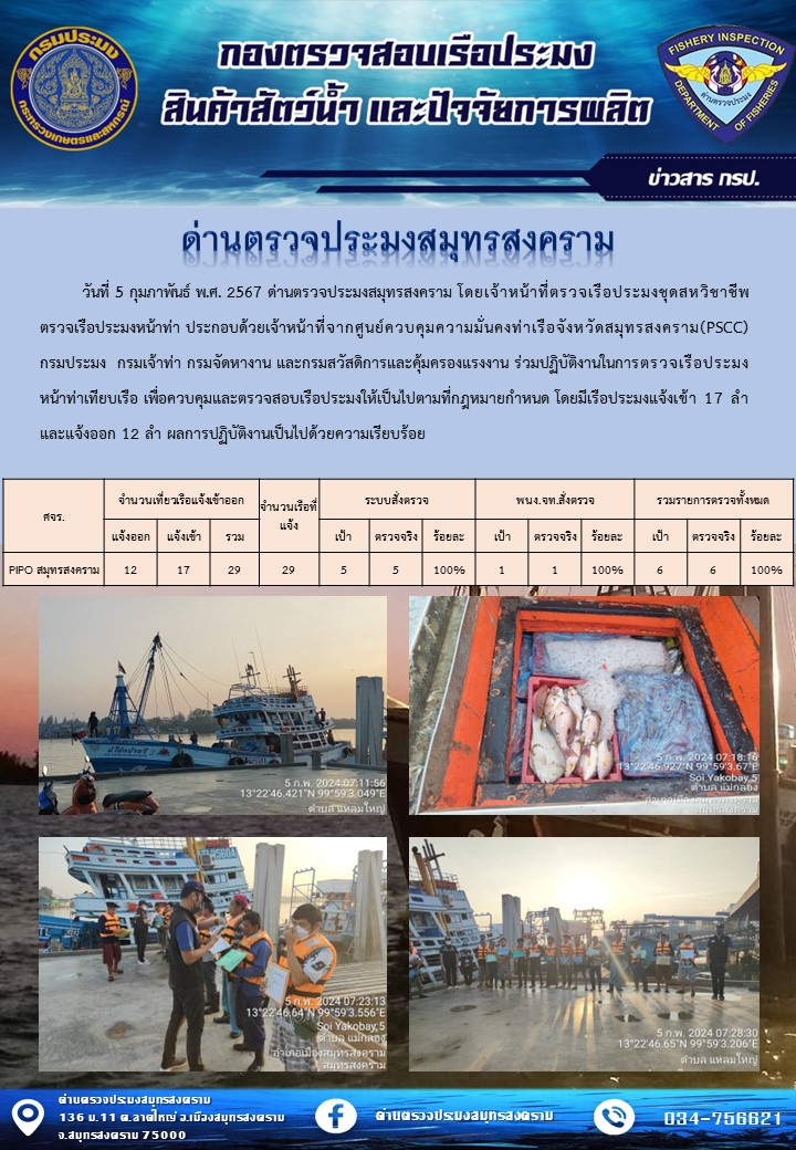 สถิติการแจ้งเข้า - ออกเรือประมงพาณิชย์ ด่านตรวจประมงสมุทรสงคราม ประจำวันที่ 5 กุมภาพันธ์ 2567..คลิก