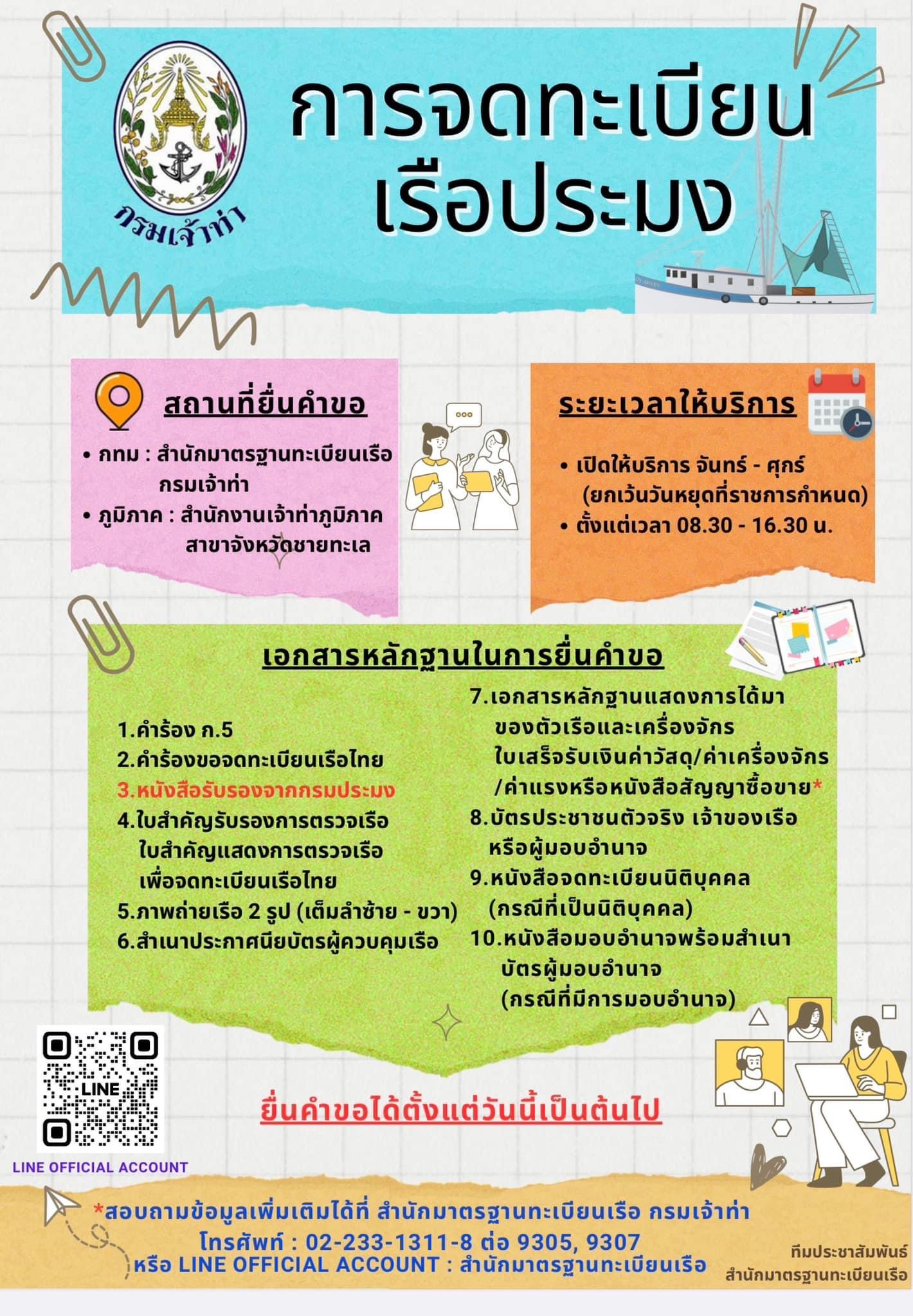 แจ้งประชาสัมพันธ์ ผู้ที่ประสงค์ขอหนังสือรับรอง เพื่อประกอบการยื่นขอจดทะเบียนเรือไทย สำหรับเรือประมงพื้นบ้าน (จดทะเบียนเรือใหม่) ตั้งแต่บัดนี้ – 12 เมษายน 2567 ณ สำนักงานประมงจังหวัด หรือสำนักงานประมงอำเภอท้องที่ ที่มีเขตติดทะเล