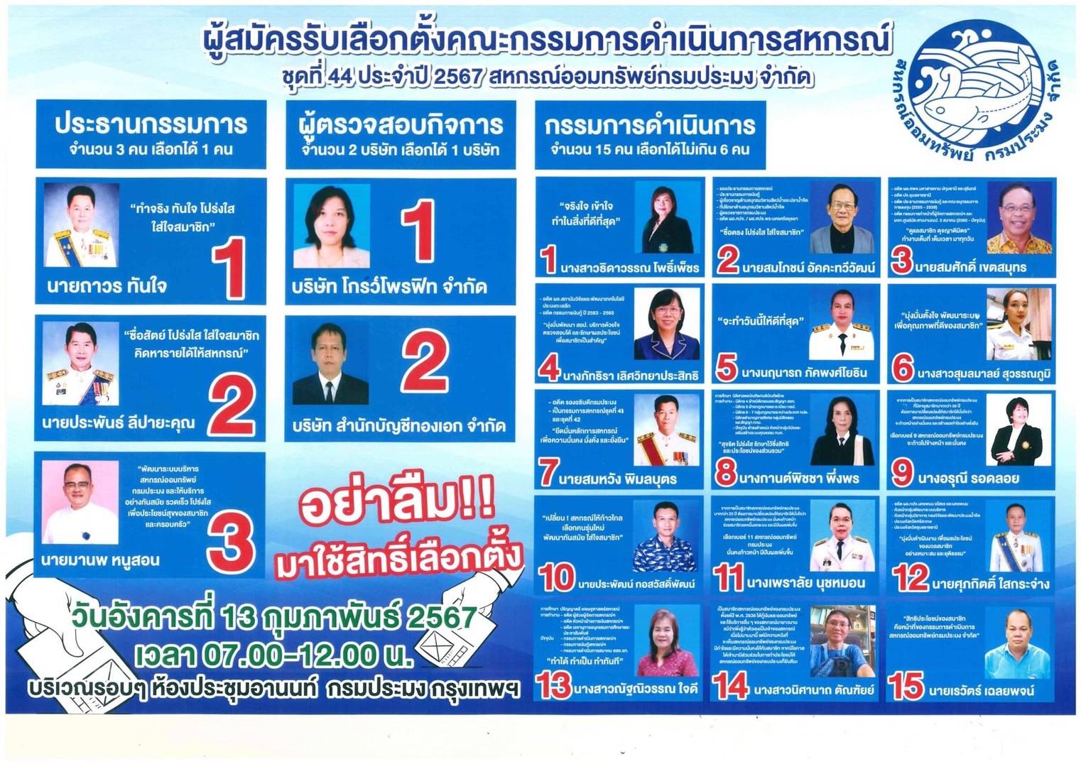 วันที่ 13 เข้าคูหา มาเลือกตั้งคณะกรรมการสหกรณ์กรมประมงกันจร่า..คลิก