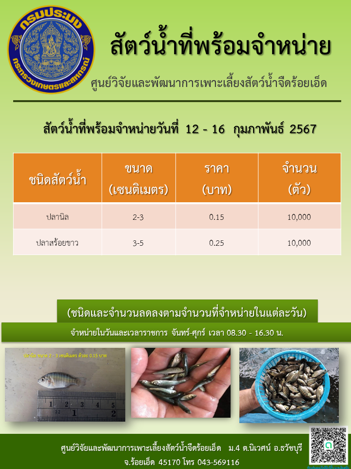 สัตว์น้ำที่พร้อมจำหน่ายวันที่ 12 - 16  กุมภาพันธ์ 2567..คลิก