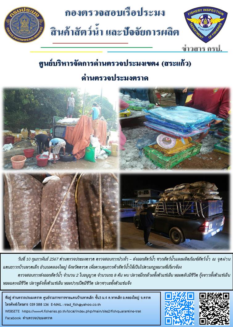 ผลการปฏิบัติงานส่วนงานควบคุมการนำเข้า - ส่งออกสัตว์น้ำ ซากสัตว์น้ำและผลิตภัณฑ์สัตว์น้ำ ด่านตรวจประมงตราด ประจำวันที่ 10 กุมภาพันธ์ 2567..คลิก