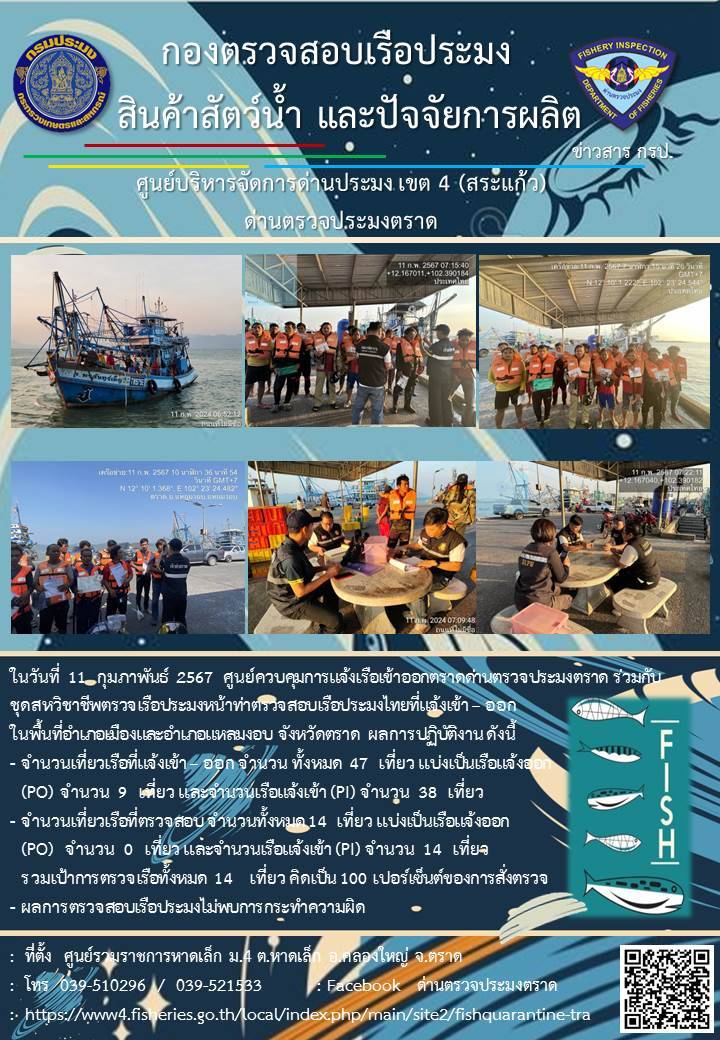 ผลการปฏิบัติงานของศูนย์ควบคุมการแจ้งเรือเข้าออกตราด ด่านตรวจประมงตราด ประจำวันที่ 11 กุมภาพันธ์ 2567..คลิก
