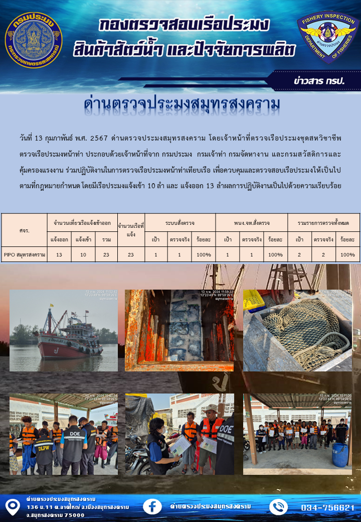 สถิติการแจ้งเข้า - ออกเรือประมงพาณิชย์ ด่านตรวจประมงสมุทรสงคราม ประจำวันที่ 13 กุมภาพันธ์ 2567..คลิก