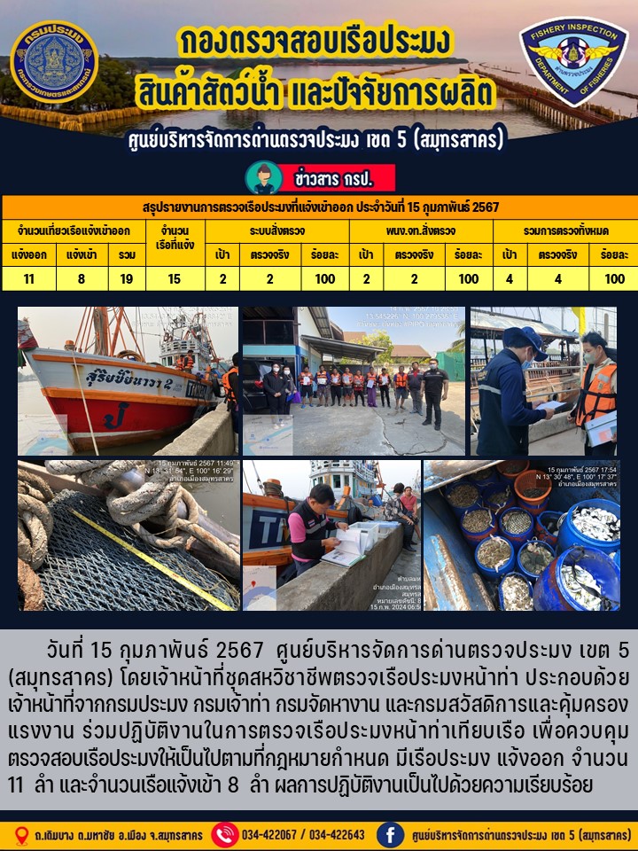 รายงานการตรวจเรือประมงที่แจ้งเข้าออกประจำวันที่ 15 กุมภาพันธ์ 2567..คลิก