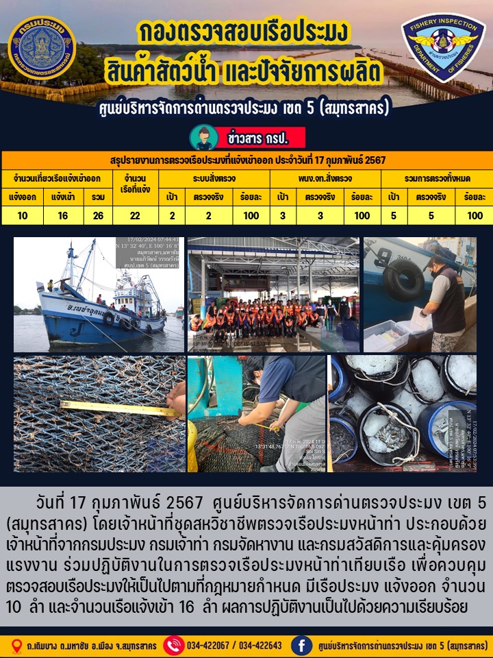 รายงานการตรวจเรือประมงที่แจ้งเข้าออกประจำวันที่ 17 กุมภาพันธ์ 2567..คลิก