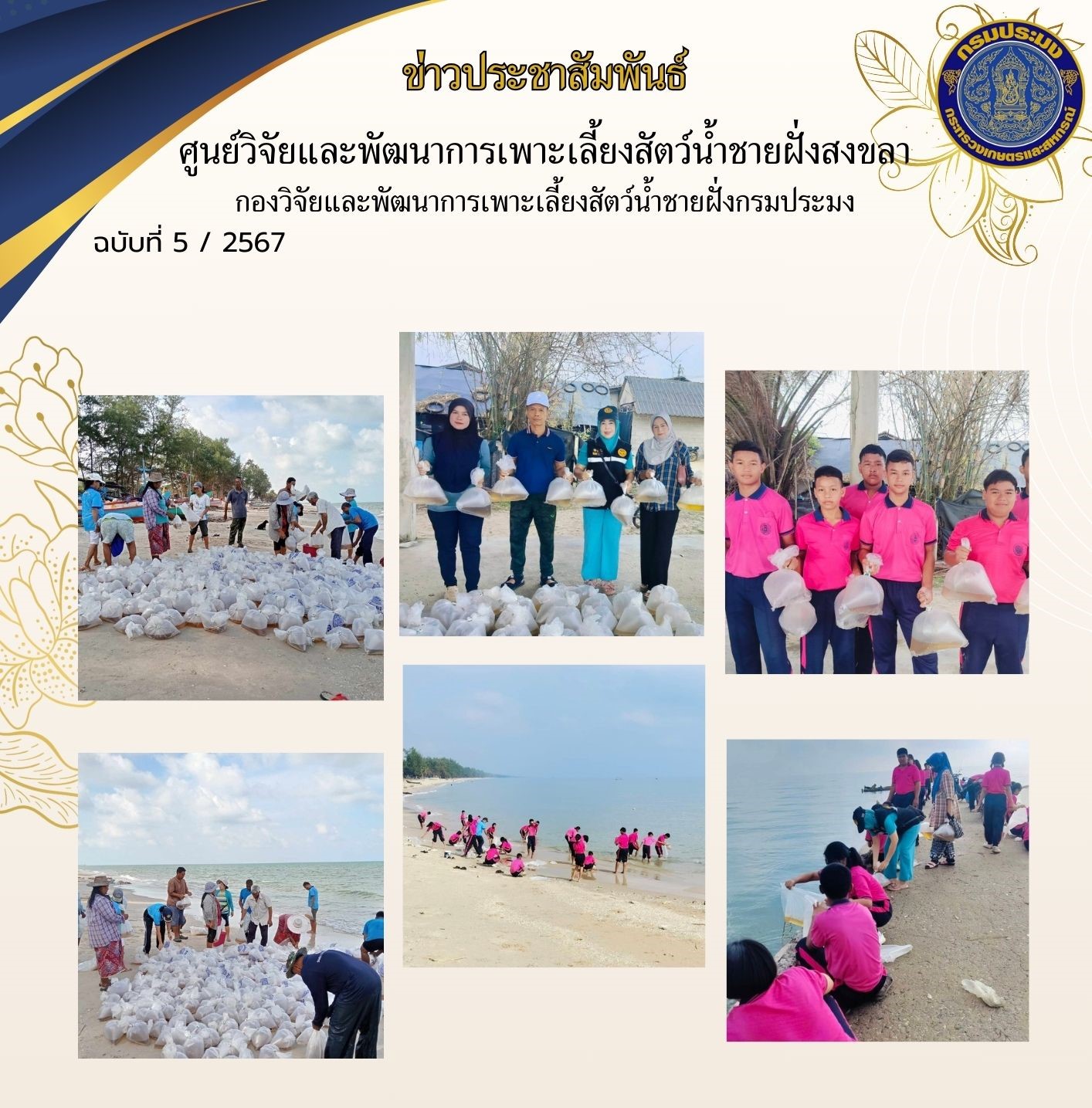 เมื่อวันที่ 7 กุมภาพันธ์ 2567 นางสาวปริศนา คลิ้งสุขคล้าย ผู้อำนวยการศูนย์วิจัยและพัฒนาการเพาะเลี้ยงสัตว์น้ำชายฝั่งสงขลา มอบหมายให้นายชลิต สง่างาม นักวิชาการประมงชำนาญการ ส่งมอบพันธุ์กุ้งแชบ๊วยเพื่อปล่อยบริเวณหาดแก้วหาดจันทร์สว่าง  อำเภอสิงหนคร  บริเวณหาดม่วงงาม อำเภอม่วงงาม  และบริเวณตำบลระวะ  อำเภอระโนด..คลิก
