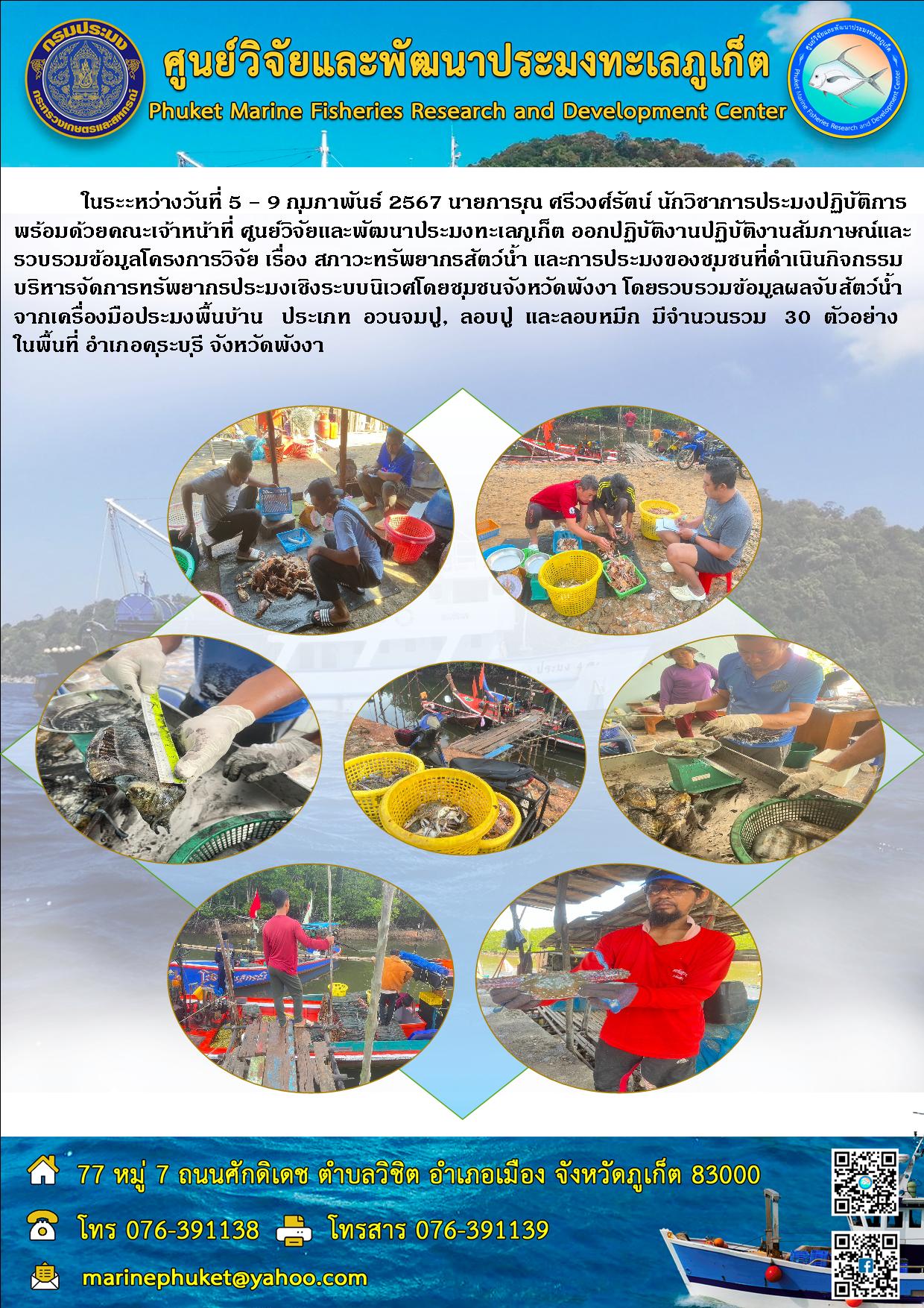 ในระะหว่างวันที่ 5 - 9 กุมภาพันธ์ 2567 นายการุณ ศรีวงศ์รัตน์ นักวิชาการประมงปฏิบัติการพร้อมด้วยคณะเจ้าหน้าที ศูนย์วิจัยและพัฒนาประมงทะเลกเก็ต ออกปฏิบัติงานปฏบัติงานสัมภาษณ์และรวมรวมข้อมูลโครงการวิจัย เรื่อง สภาวะทรัพยากรสัตว์น้ำ และการประมงของชุมชนที่ดำเนินกิจกรรมบริหารจัดการทรัพยากรประมงเชิงระบบนิเวศโดยชุมชนจังหวัดพังงา โดยรวมรวมข้อมูลผลจับสัตว์น้ำจากเครื่องมือประมงพื้นบ้าน ประเภท อวนจมปู. ลอบปู และสอบหมึก มีจำนวนรวม 30 ตัวอย่างในพื้นที่ อำเภอคระบุรี จังหวัดพังงา..คลิก