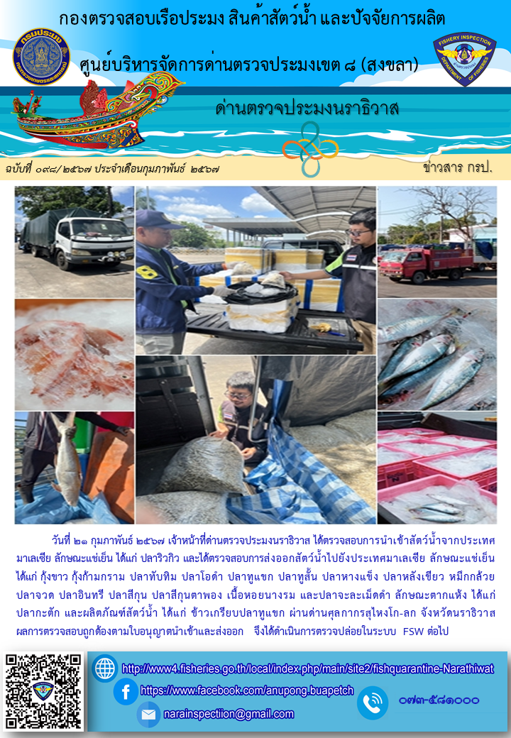 ประชาสัมพันธ์ด่านตรวจประมงนราธิวาส ประจำวันที่ 21 มกราคม 2567..คลิก