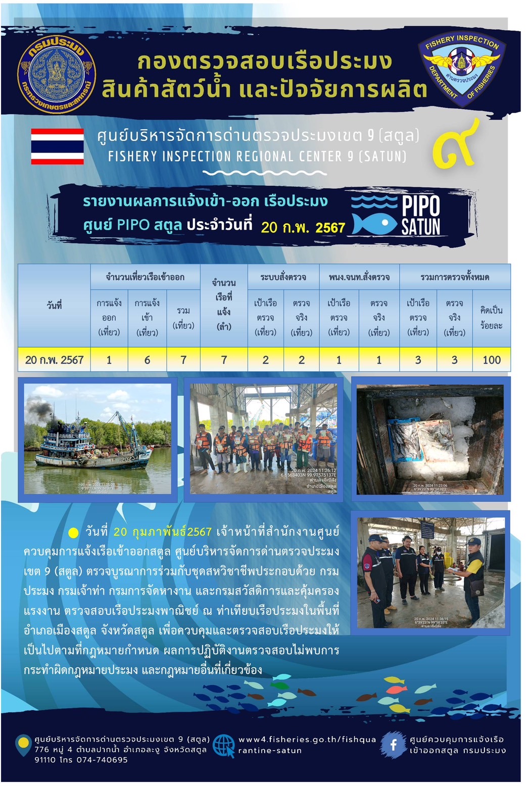 ประชาสัมพันธ์การปฏิบัติงานศูนย์บริหารจัดการด่านตรวจประมงเขต 9 (สตูล) ประจำวันที่ 18-21 กุมภาพันธ์ 2567