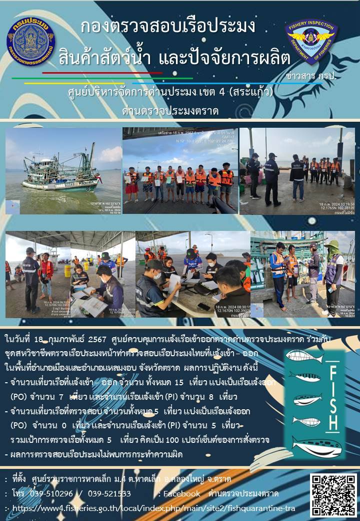 ผลการปฏิบัติงานของศูนย์ควบคุมการแจ้งเรือเข้าออกตราด ด่านตรวจประมงตราด ประจำวันที่ 18 กุมภาพันธ์ 2567..คลิก