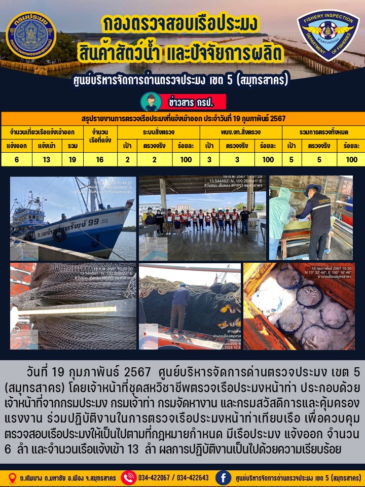 รายงานการตรวจเรือประมงที่แจ้งเข้าออกประจำวันที่ 19 กุมภาพันธ์ 2567..คลิก