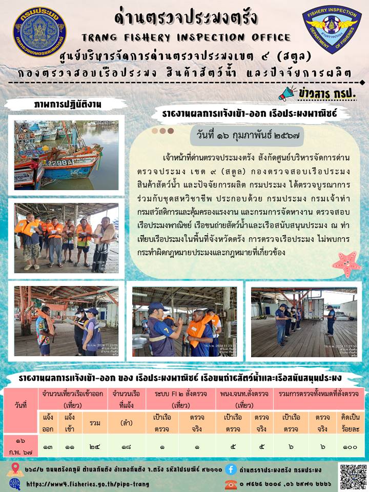 ประชาสัมพันธ์การปฏิบัติงานด่านตรวจประมงตรัง..คลิก