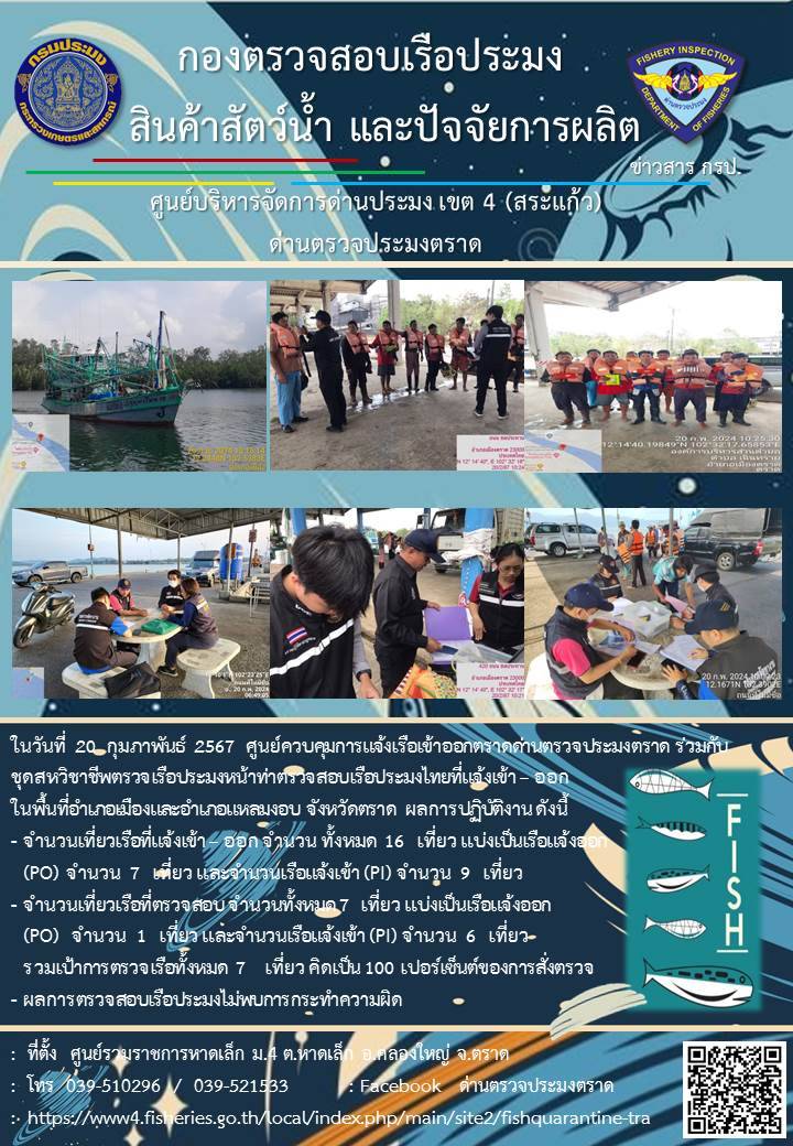 ผลการปฏิบัติงานของศูนย์ควบคุมการแจ้งเรือเข้าออกตราด ด่านตรวจประมงตราด ประจำวันที่ 20 กุมภาพันธ์ 2567..คลิก